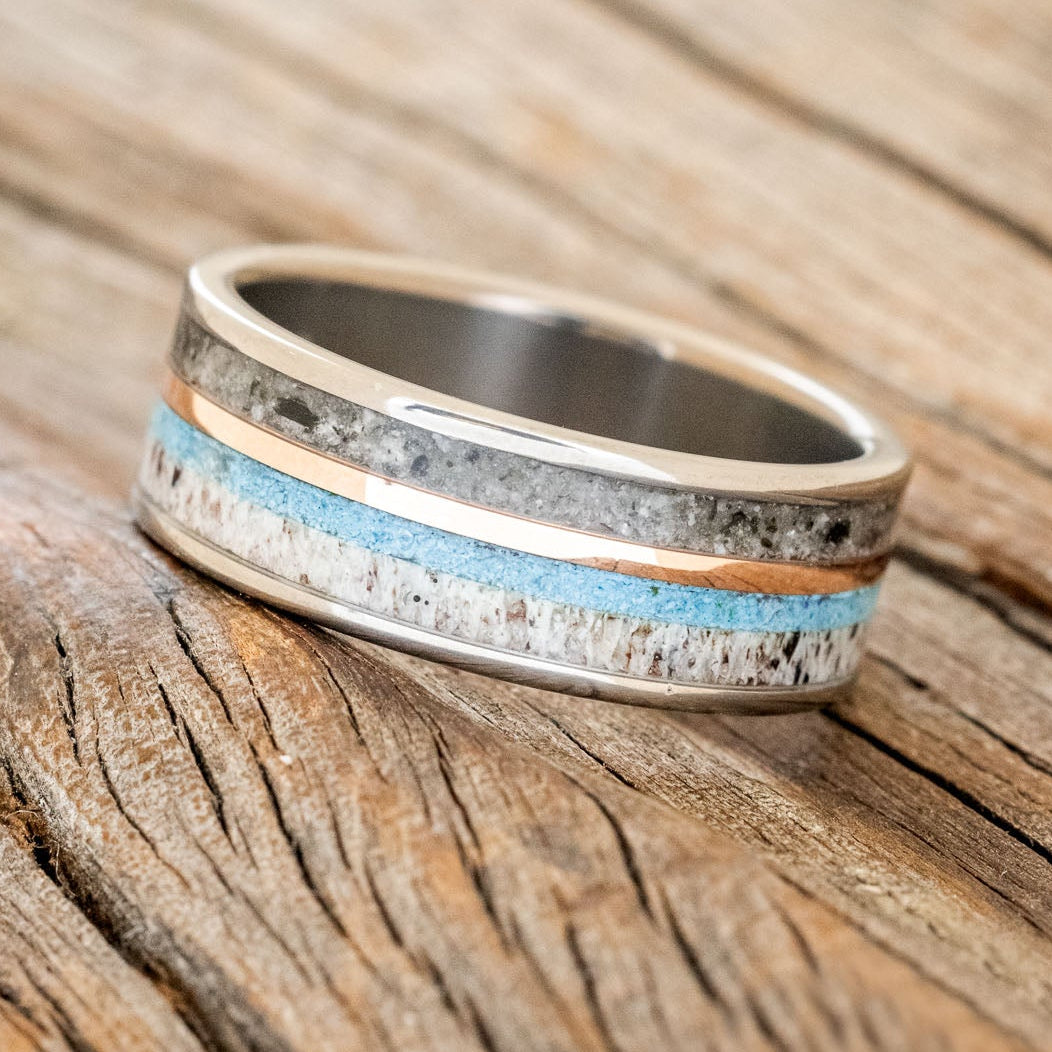 "ELEMENT" - MOONSTONE, TURQUOISE, ANTLER & 14K ROSE GOLD INLAY WEDDING BAND-2