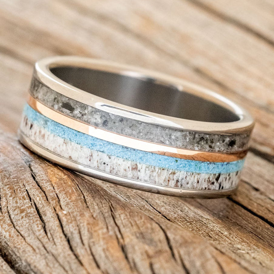 "ELEMENT" - MOONSTONE, TURQUOISE, ANTLER & 14K ROSE GOLD INLAY WEDDING BAND-2