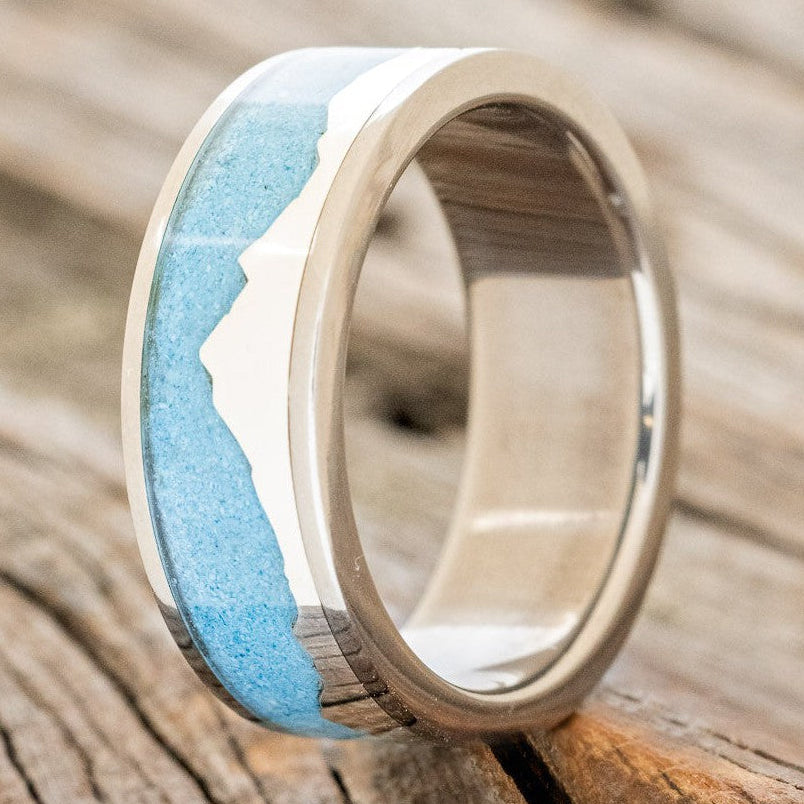 "Helios" - Mountain Range Men's Wedding Band With Turquoise-Staghead Designs