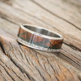 "THE EXPEDITION" - MOUNTAIN ENGRAVED WEDDING RING WITH REDWOOD, MOSS & ANTLER-1