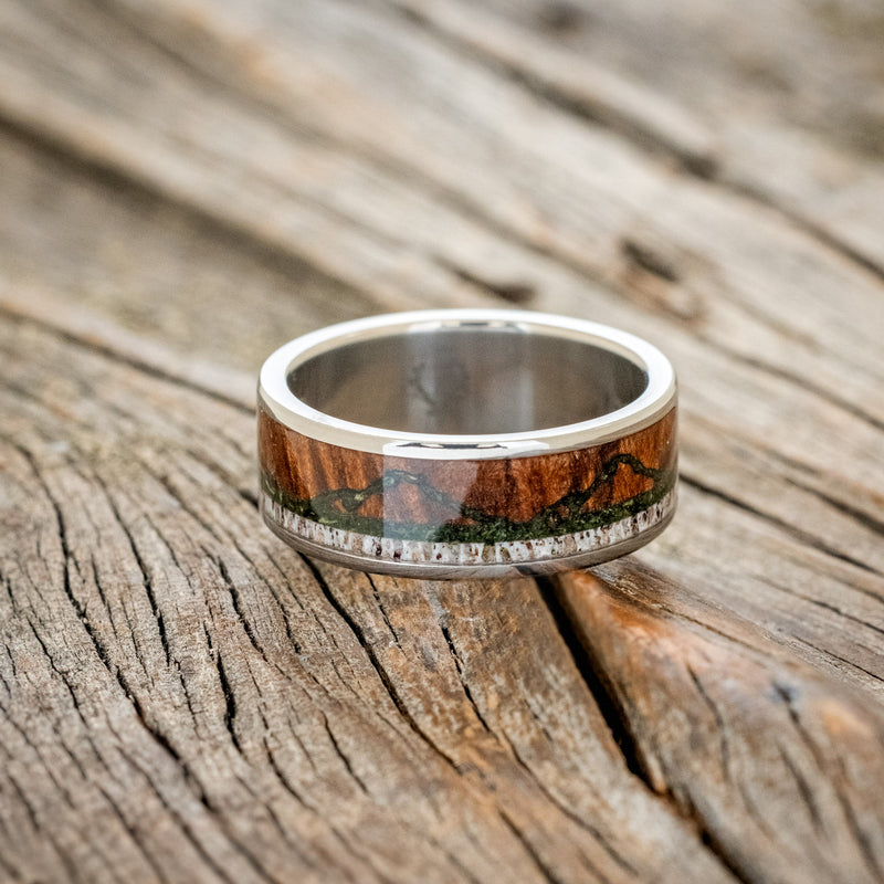 "THE EXPEDITION" - MOUNTAIN ENGRAVED WEDDING RING WITH REDWOOD, MOSS & ANTLER-3