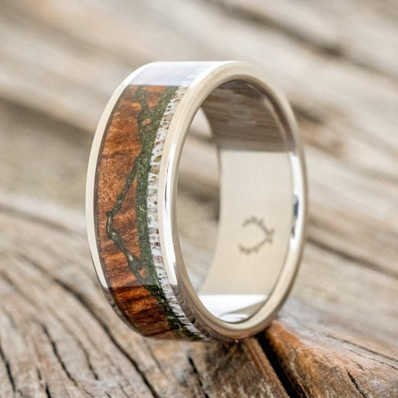 "THE EXPEDITION" - MOUNTAIN ENGRAVED WEDDING RING WITH REDWOOD, MOSS & ANTLER-2