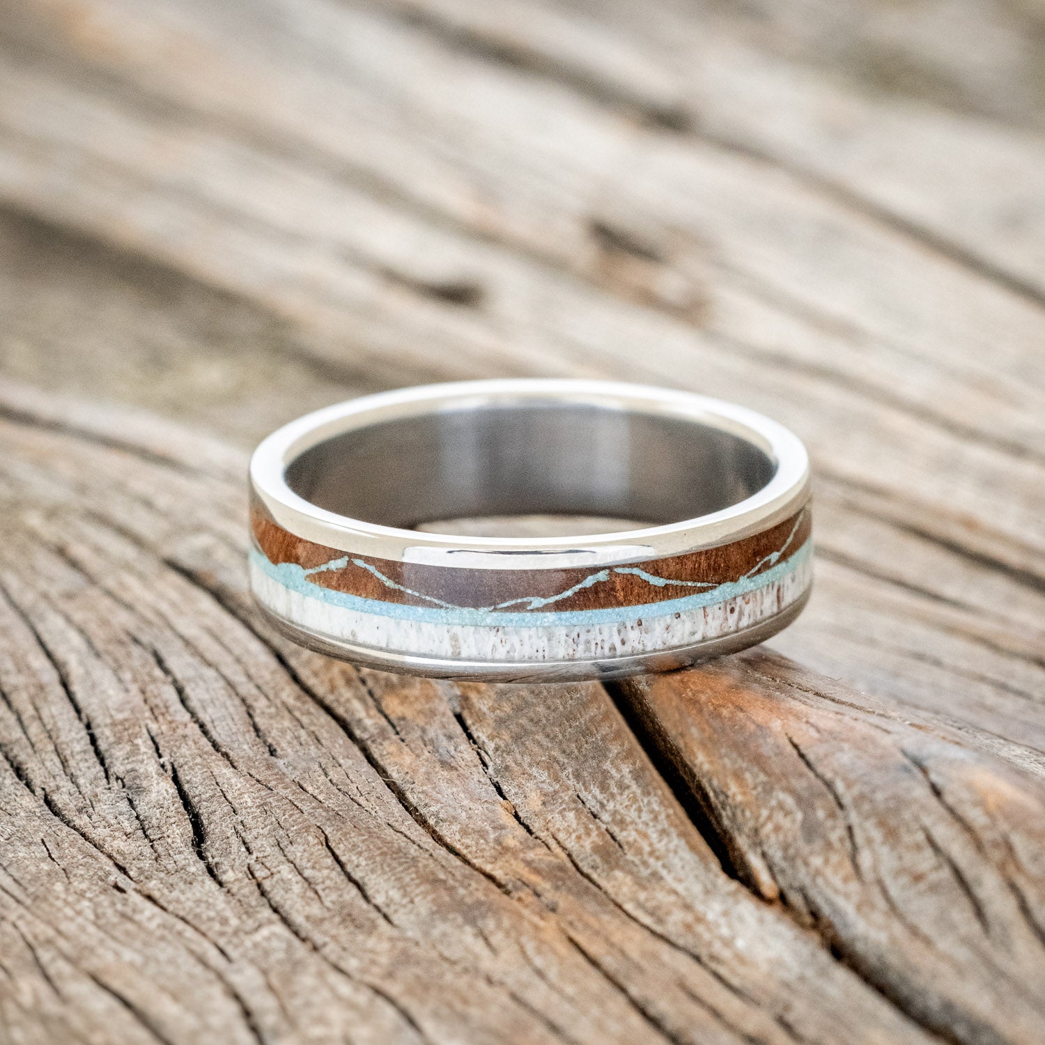 "THE EXPEDITION" - MOUNTAIN ENGRAVED WEDDING RING WITH REDWOOD, TURQUOISE & ANTLER-3