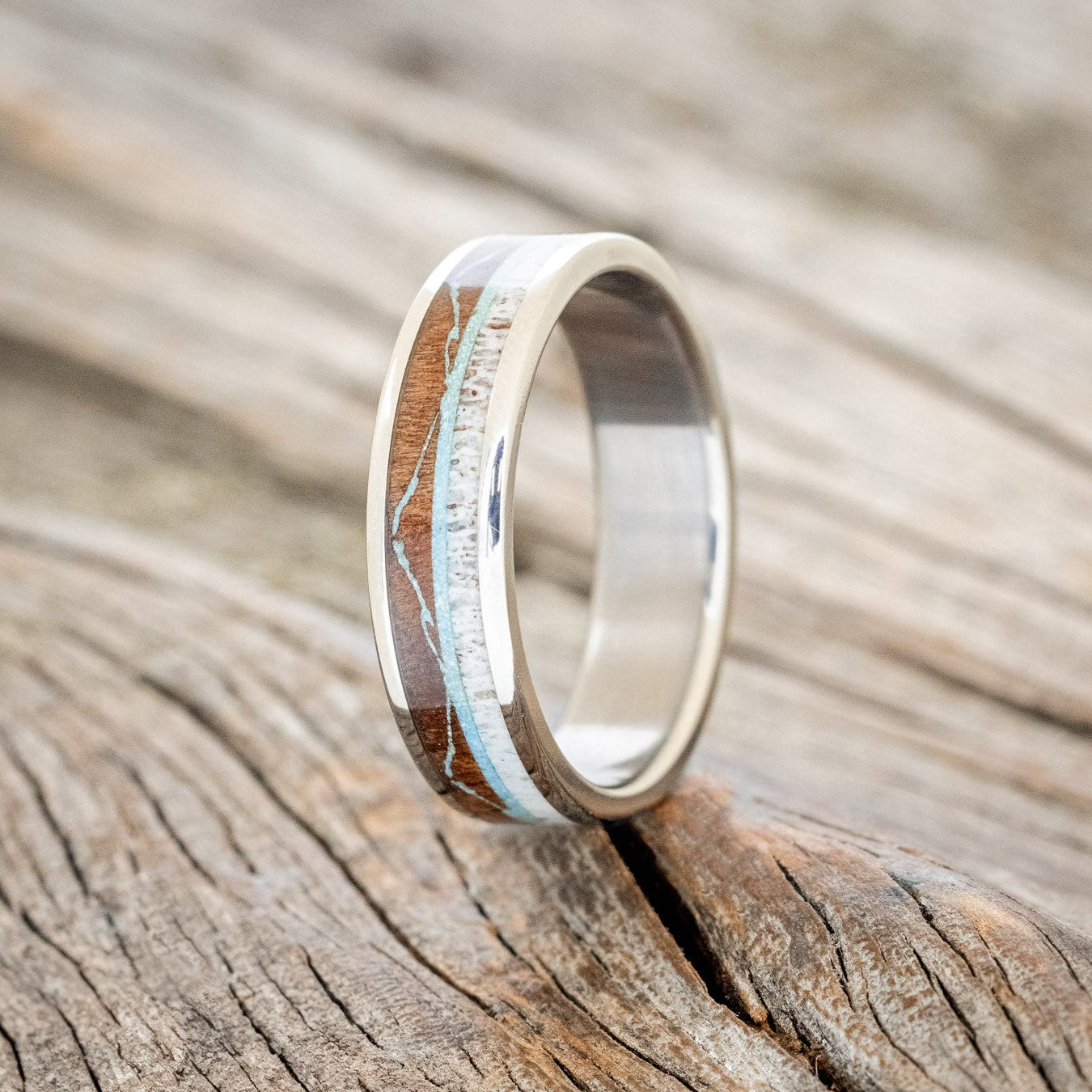 "THE EXPEDITION" - MOUNTAIN ENGRAVED WEDDING RING WITH REDWOOD, TURQUOISE & ANTLER-2