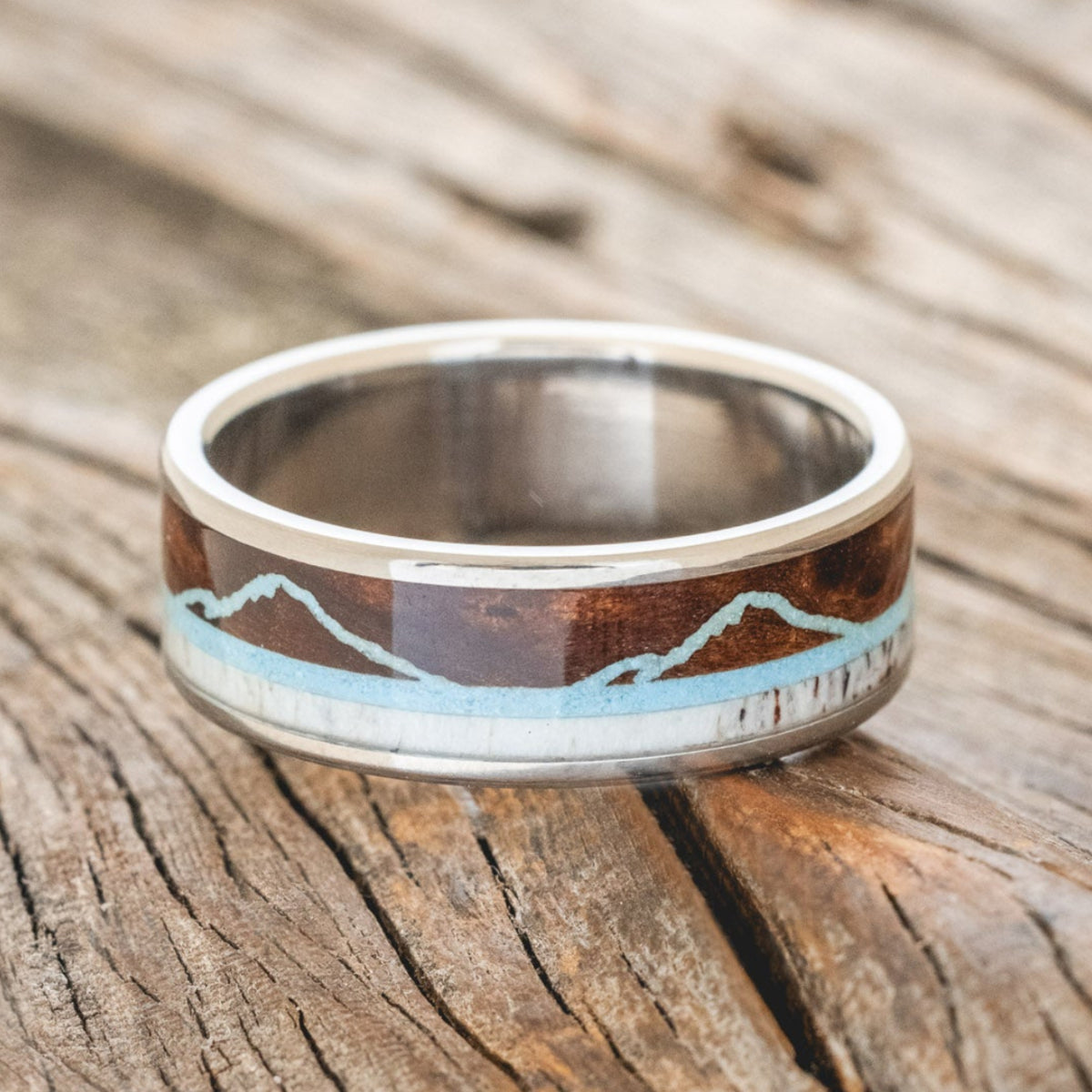 "THE EXPEDITION" - MOUNTAIN ENGRAVED WEDDING RING WITH REDWOOD, TURQUOISE & ANTLER-3