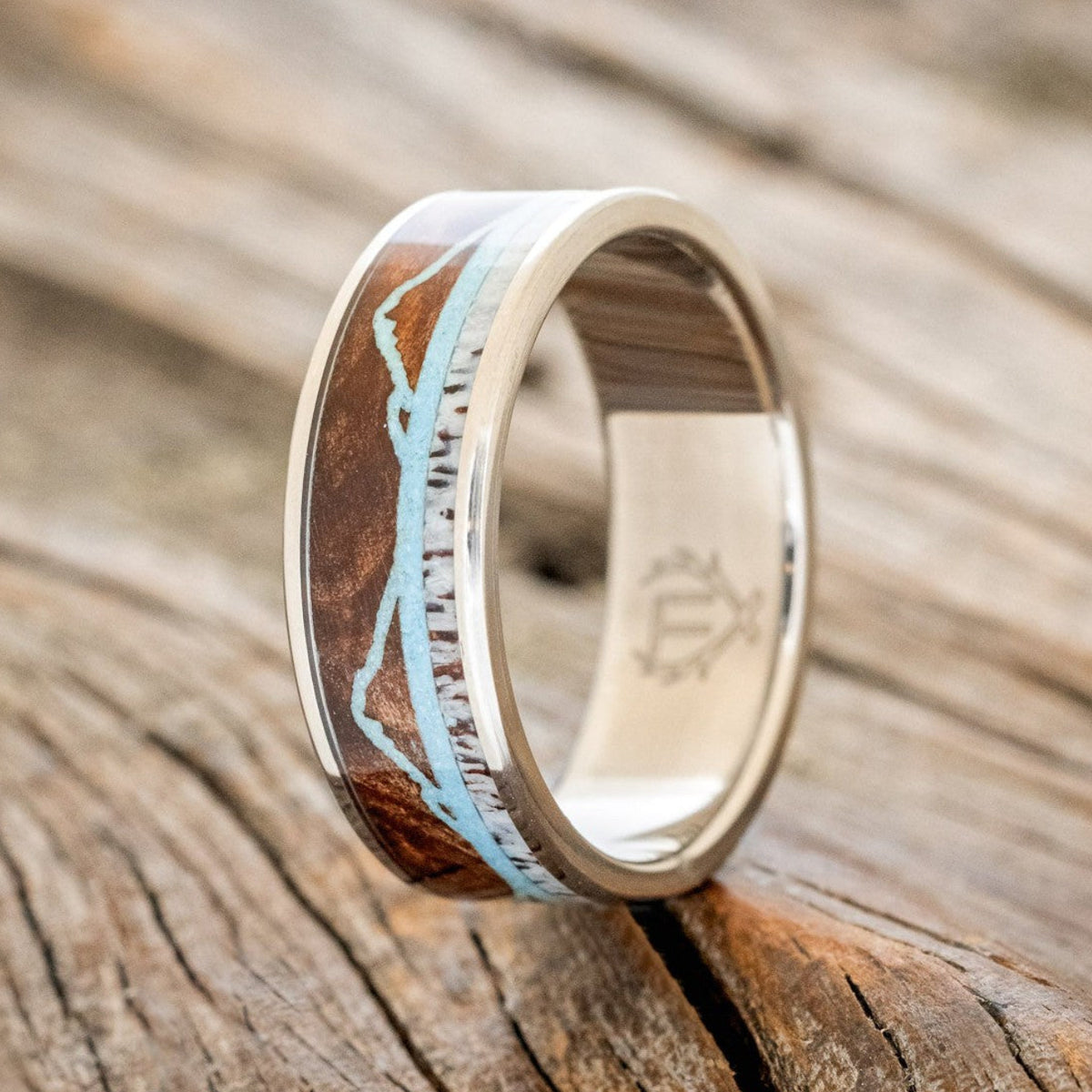 "THE EXPEDITION" - MOUNTAIN ENGRAVED WEDDING RING WITH REDWOOD, TURQUOISE & ANTLER-2