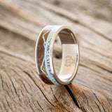 "THE EXPEDITION" - MOUNTAIN ENGRAVED WEDDING RING WITH REDWOOD, TURQUOISE & ANTLER
