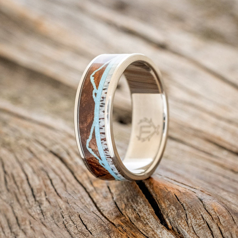 "THE EXPEDITION" - MOUNTAIN ENGRAVED WEDDING RING WITH ANTLER INLAY-Staghead Designs