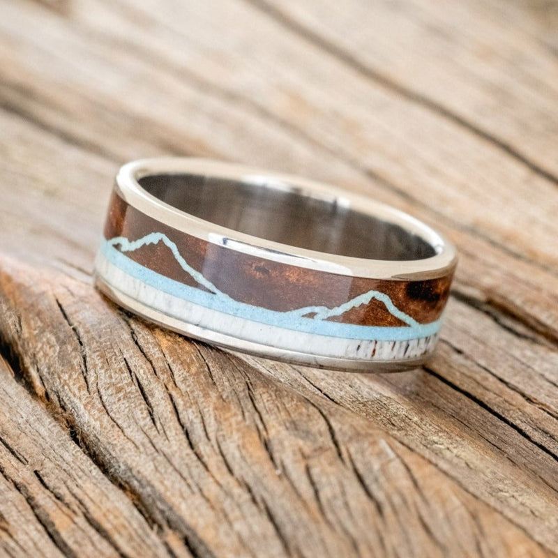 "THE EXPEDITION" - MOUNTAIN ENGRAVED WEDDING RING WITH ANTLER INLAY-Staghead Designs