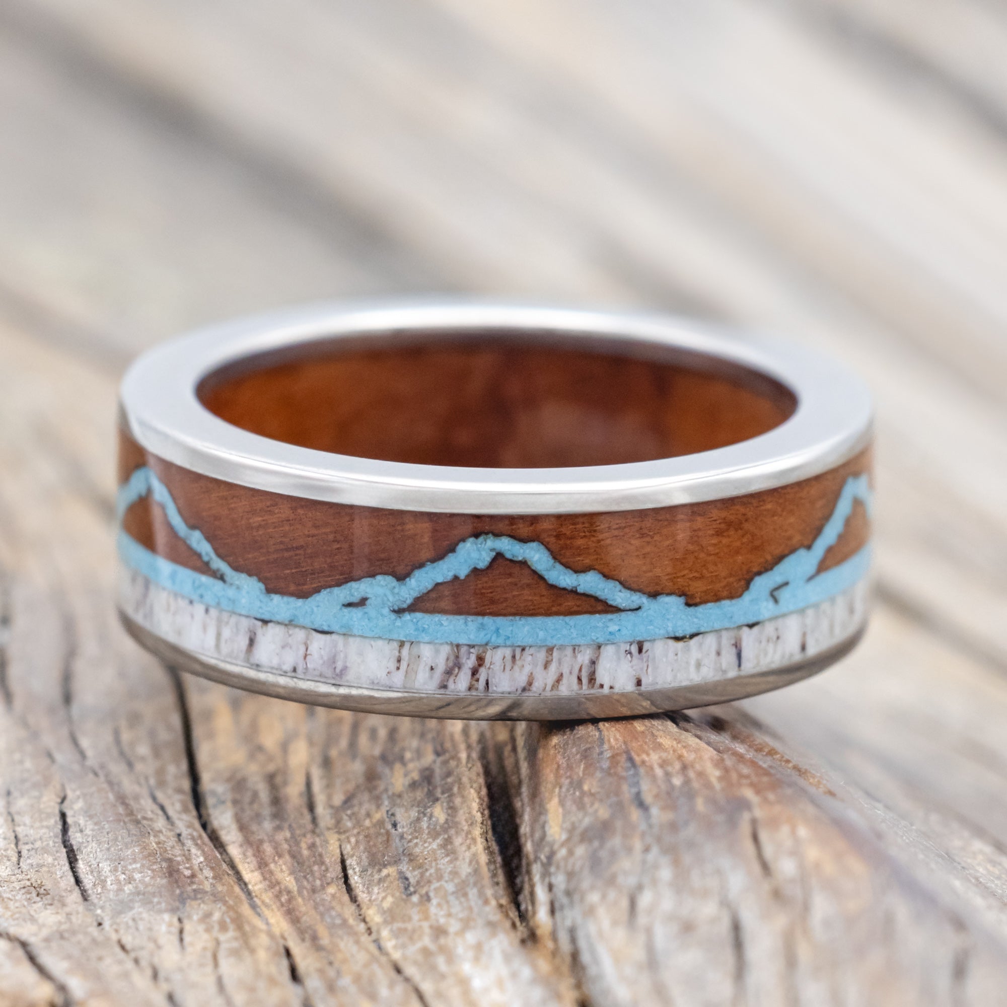 "THE EXPEDITION" - MOUNTAIN ENGRAVED WEDDING RING WITH REDWOOD, TURQUOISE & ANTLER WITH REDWOOD LINING-Staghead Designs