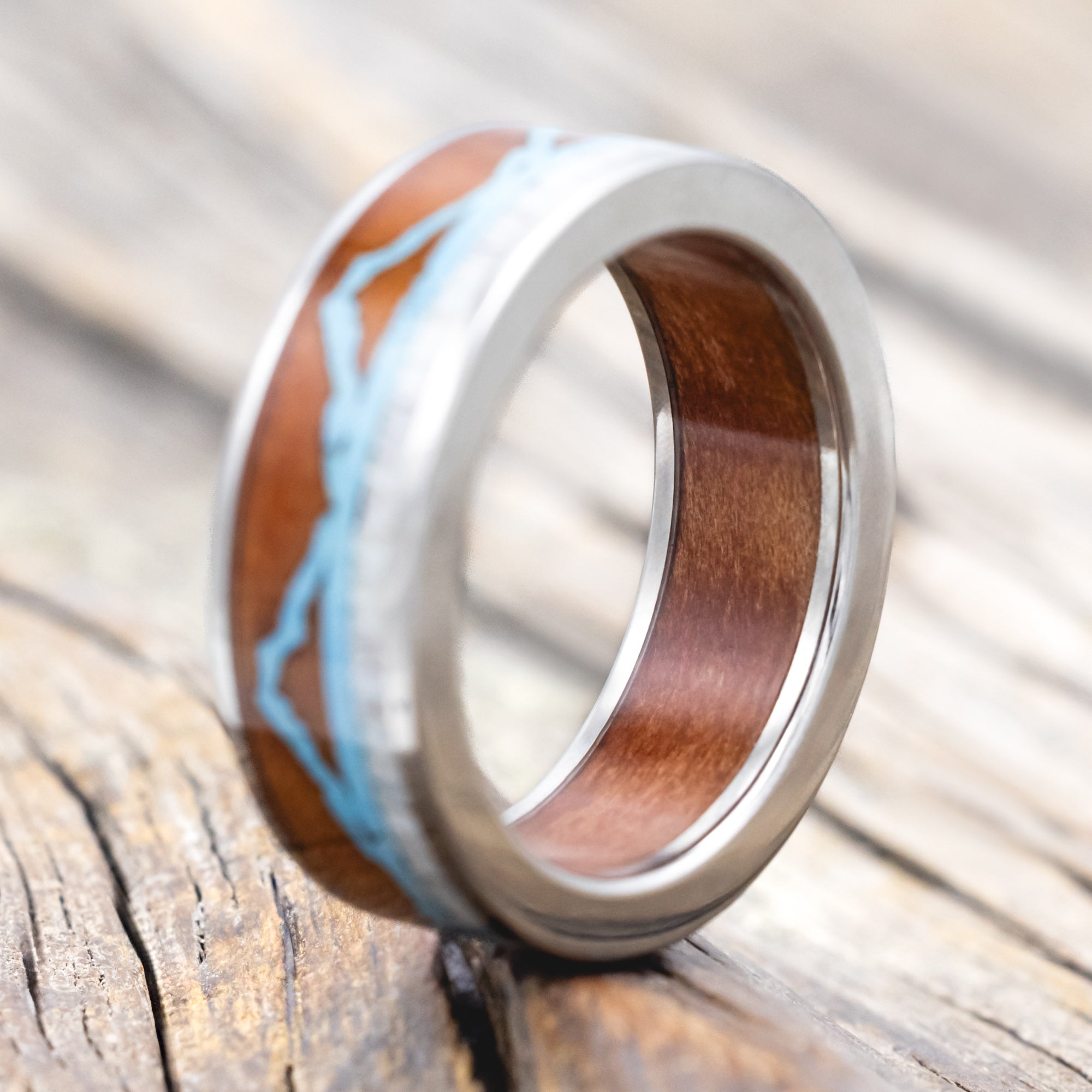"THE EXPEDITION" - MOUNTAIN ENGRAVED WEDDING RING WITH REDWOOD, TURQUOISE & ANTLER WITH REDWOOD LINING-Staghead Designs
