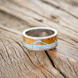"THE EXPEDITION" - MOUNTAIN ENGRAVED WEDDING RING WITH WHISKEY BARREL OAK, TURQUOISE & ANTLER