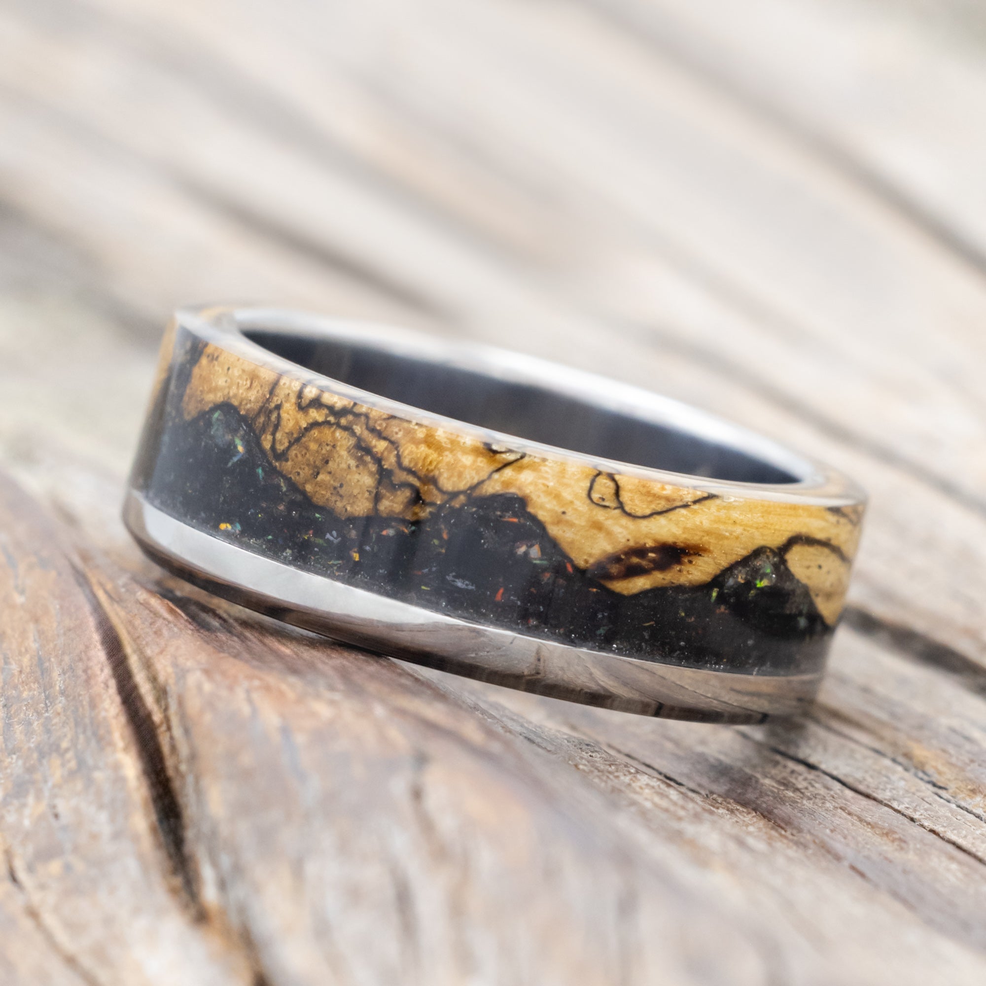 "EZRA" - MATCHING SET OF SPALTED MAPLE, JET STONE & OPAL MIX WEDDING BANDS-Staghead Designs