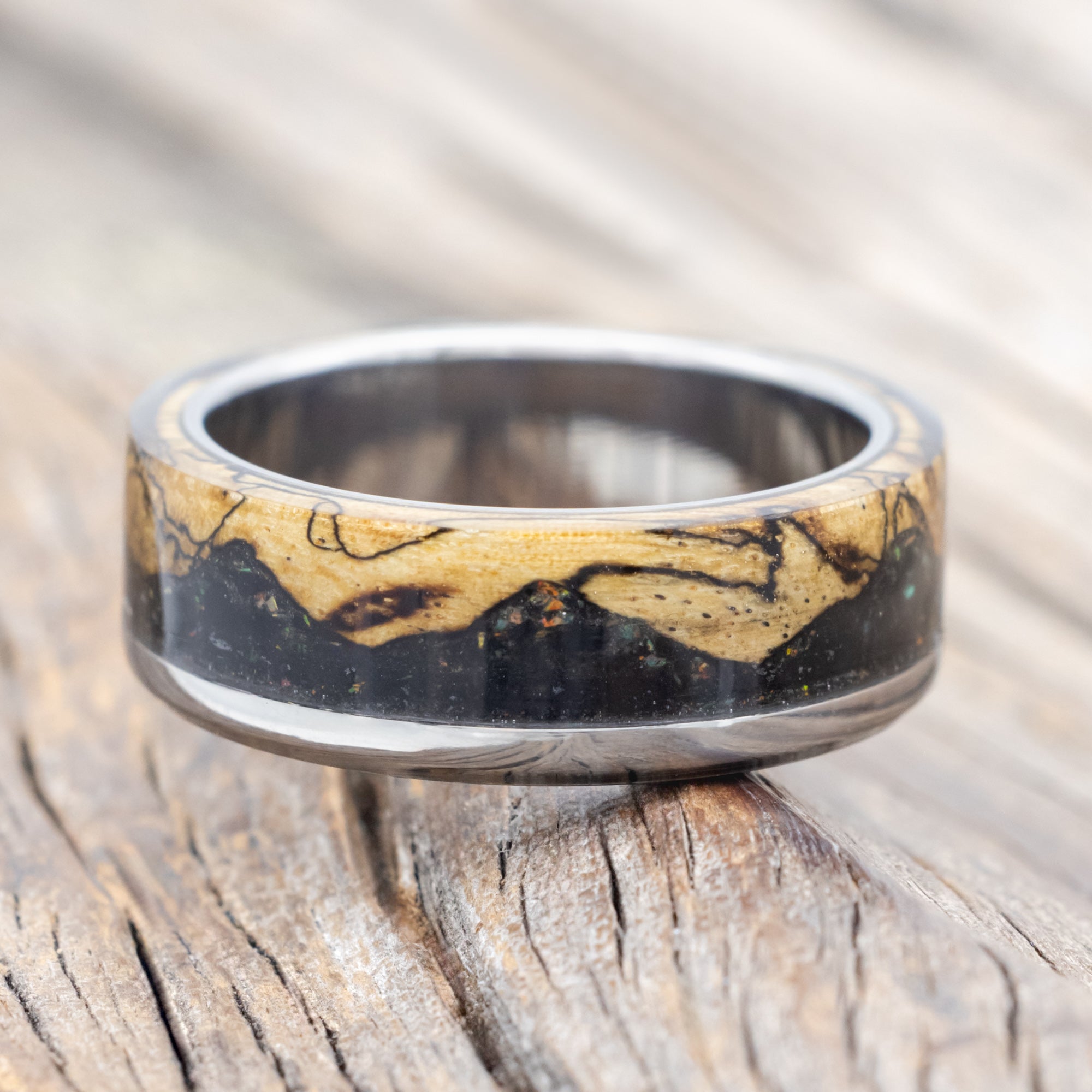 "EZRA" - MATCHING SET OF SPALTED MAPLE, JET STONE & OPAL MIX WEDDING BANDS-Staghead Designs