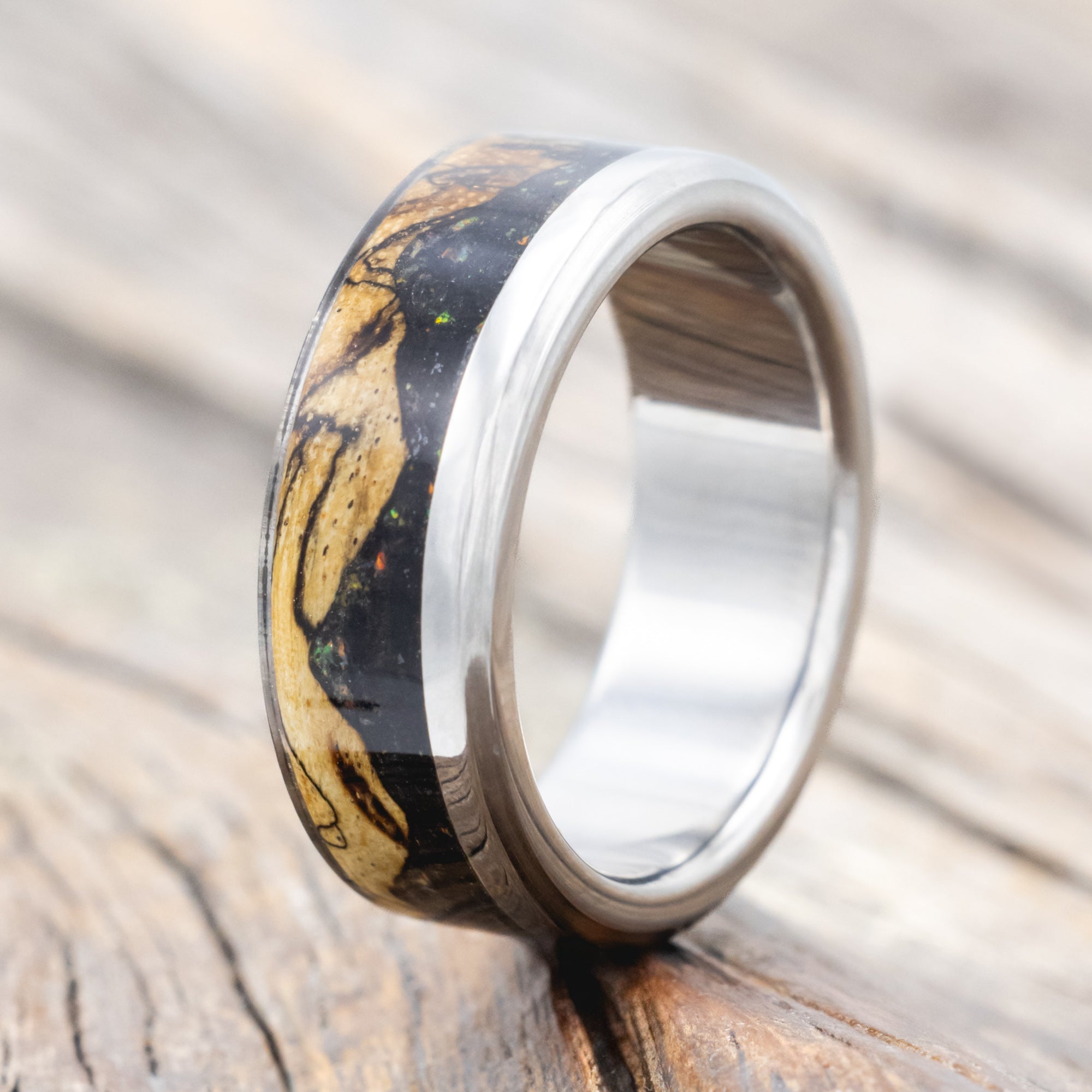 "EZRA" - MATCHING SET OF SPALTED MAPLE, JET STONE & OPAL MIX WEDDING BANDS-Staghead Designs