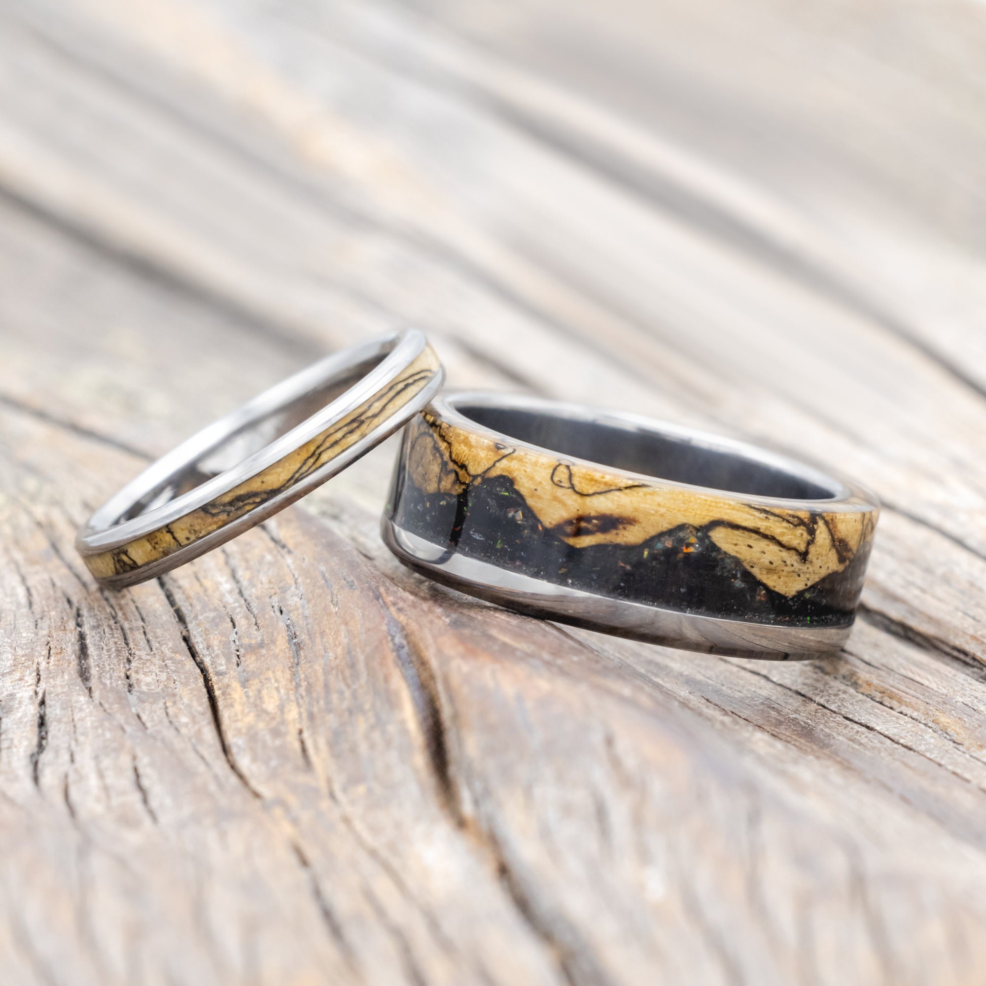 "EZRA" - MATCHING SET OF SPALTED MAPLE, JET STONE & OPAL MIX WEDDING BANDS-Staghead Designs