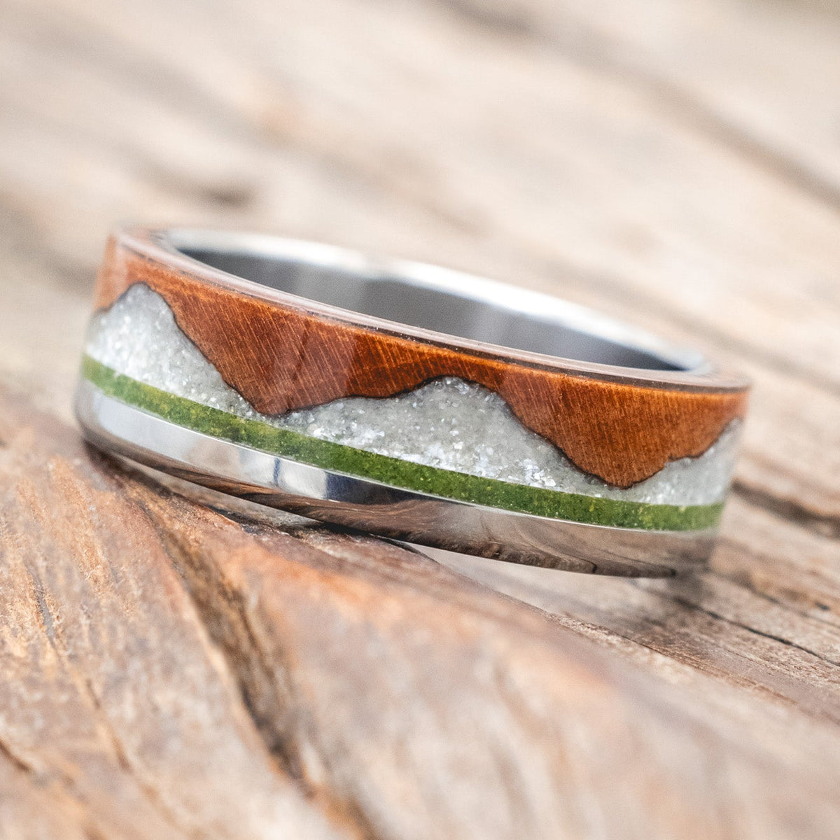 "EZRA" - REDWOOD WITH DIAMOND DUST & MOSS INLAY WEDDING RING-Staghead Designs