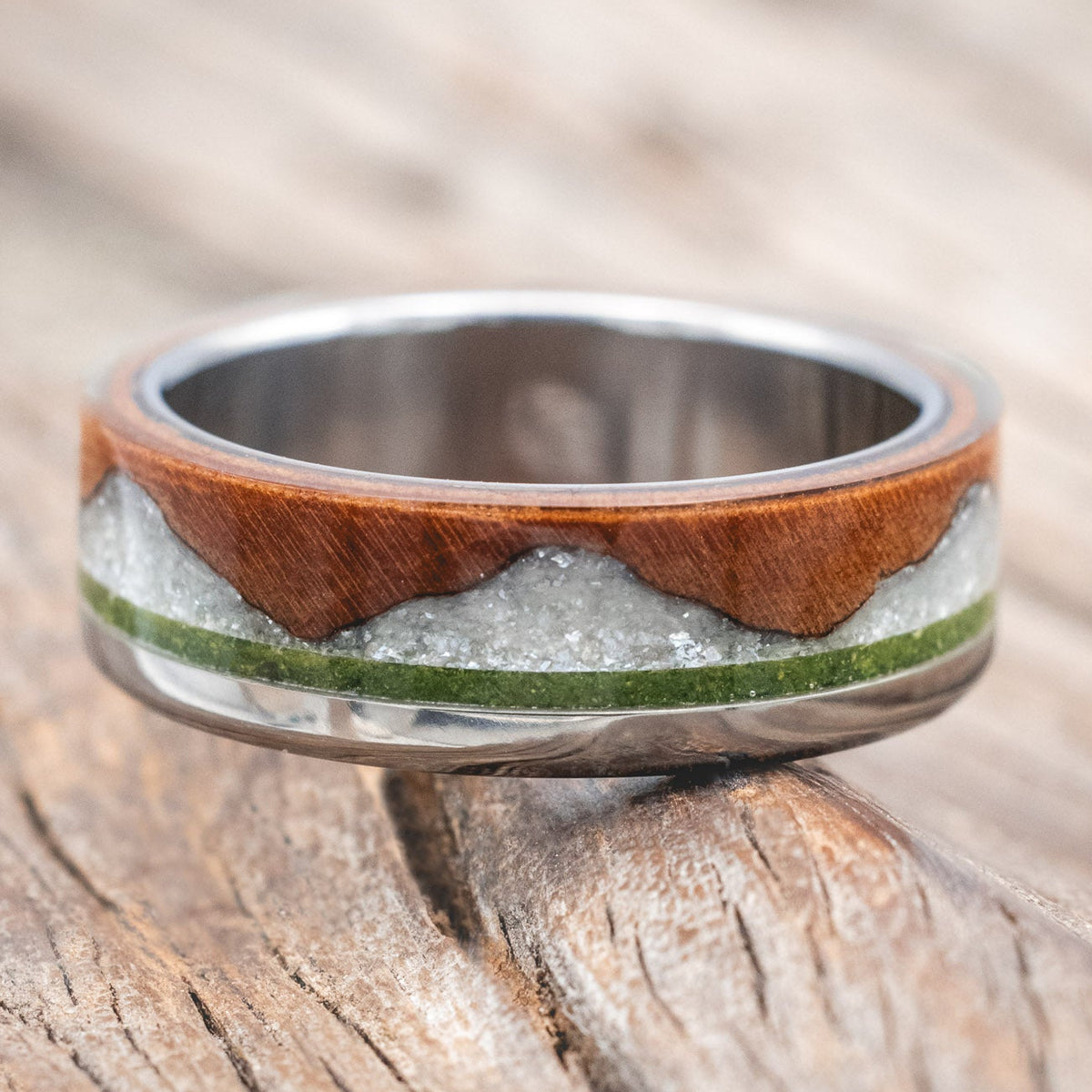 "EZRA" - REDWOOD WITH DIAMOND DUST & MOSS INLAY WEDDING RING-Staghead Designs