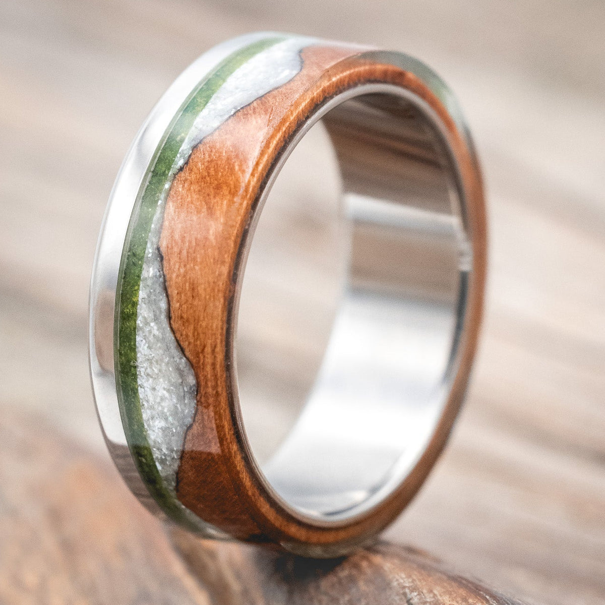 "EZRA" - REDWOOD WITH DIAMOND DUST & MOSS INLAY WEDDING RING-Staghead Designs