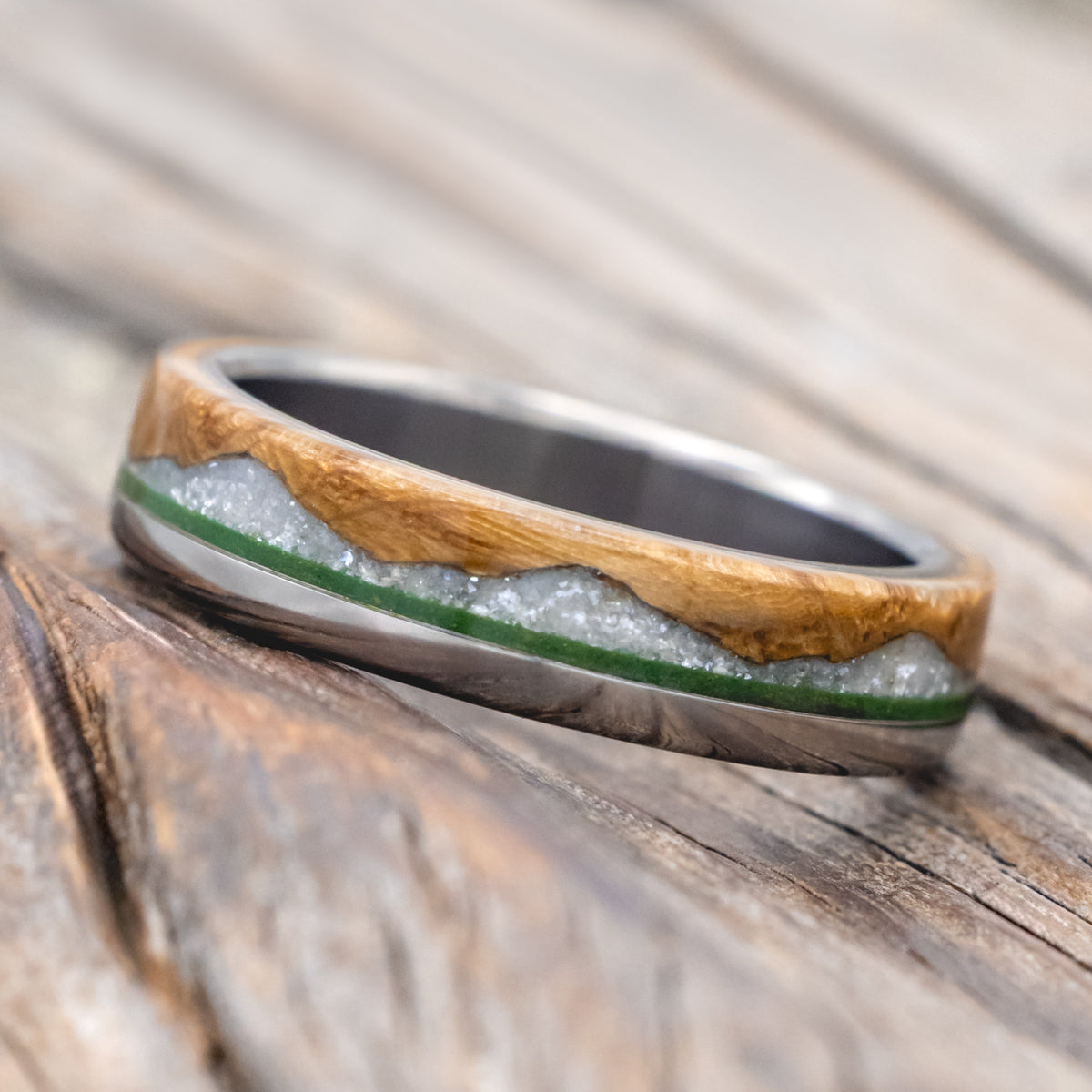"Ezra" - Whiskey Barrel Oak With Diamond Dust & Moss Inlay Wedding Ring-Staghead Designs