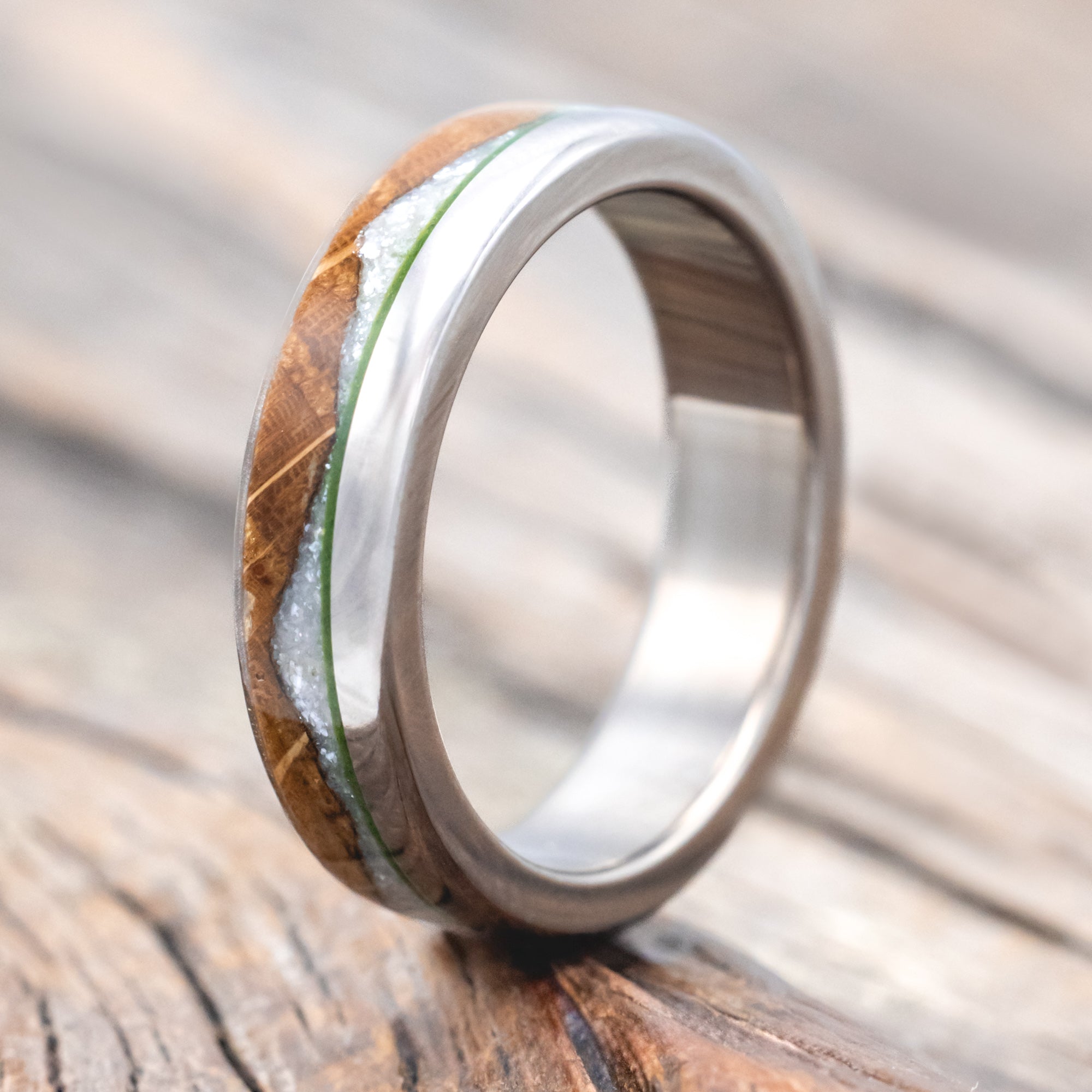 "EZRA" - WHISKEY BARREL OAK WITH DIAMOND DUST & MOSS INLAY WEDDING RING-Staghead Designs