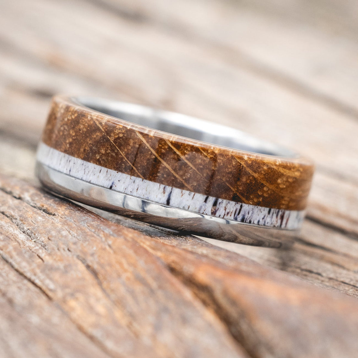 "EZRA" - WHISKEY BARREL OAK & ANTLER WEDDING BAND-Staghead Designs