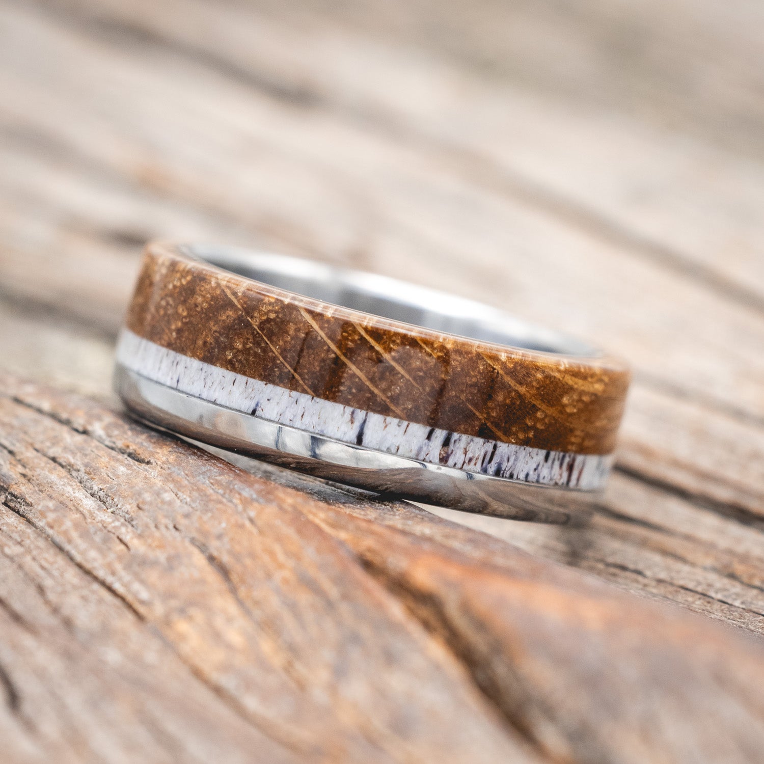 "EZRA" - WHISKEY BARREL OAK & ANTLER WEDDING BAND-Staghead Designs