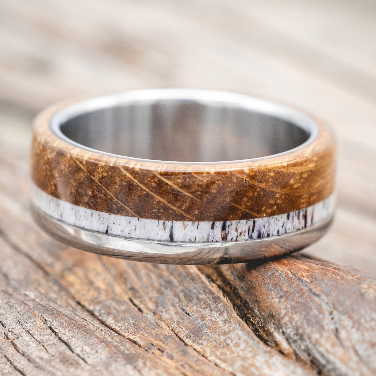 "EZRA" - WHISKEY BARREL OAK & ANTLER WEDDING BAND-Staghead Designs