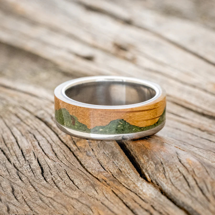 "EZRA" - WHISKEY BARREL OAK & MOSS WEDDING RING - TITANIUM - SIZE 10-Staghead Designs