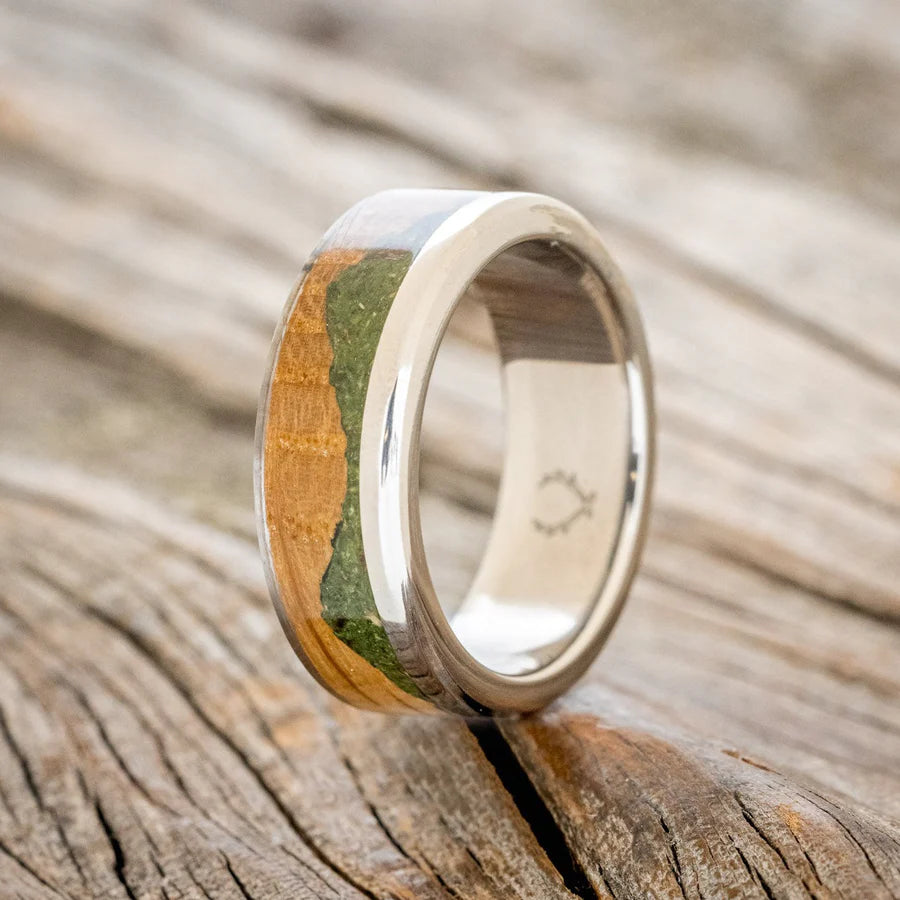 "EZRA" - WHISKEY BARREL OAK & MOSS WEDDING RING - TITANIUM - SIZE 10-Staghead Designs