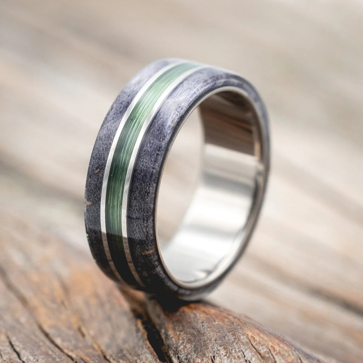 "GLEN" - GREY DARK MAPLE WOOD & FISHING LINE WEDDING RING - TITANIUM - SIZE 9 3/4-Staghead Designs