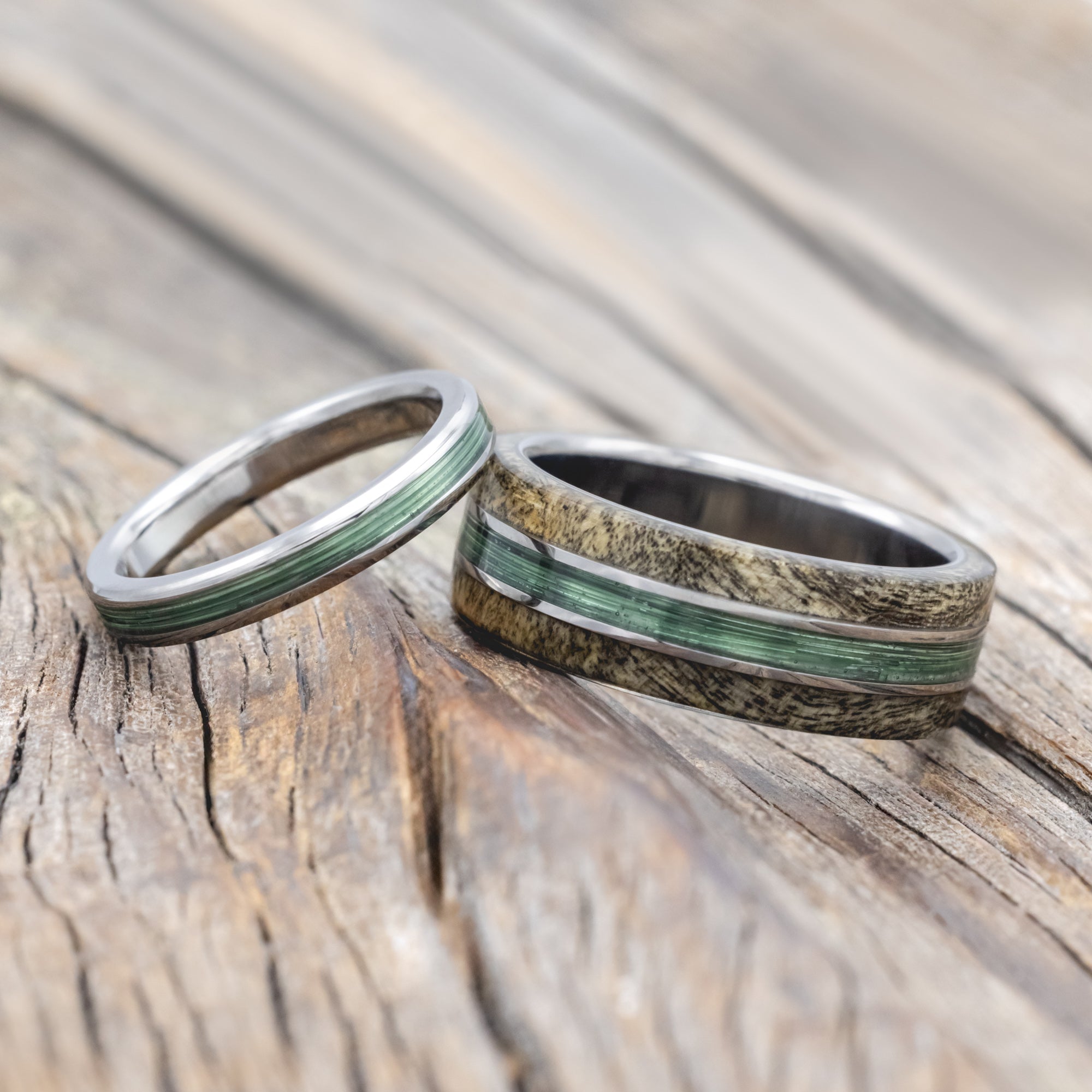 "GLEN" - MATCHING SET OF FISHING LINE & BUCKEYE BURL WOOD WEDDING BANDS-Staghead Designs