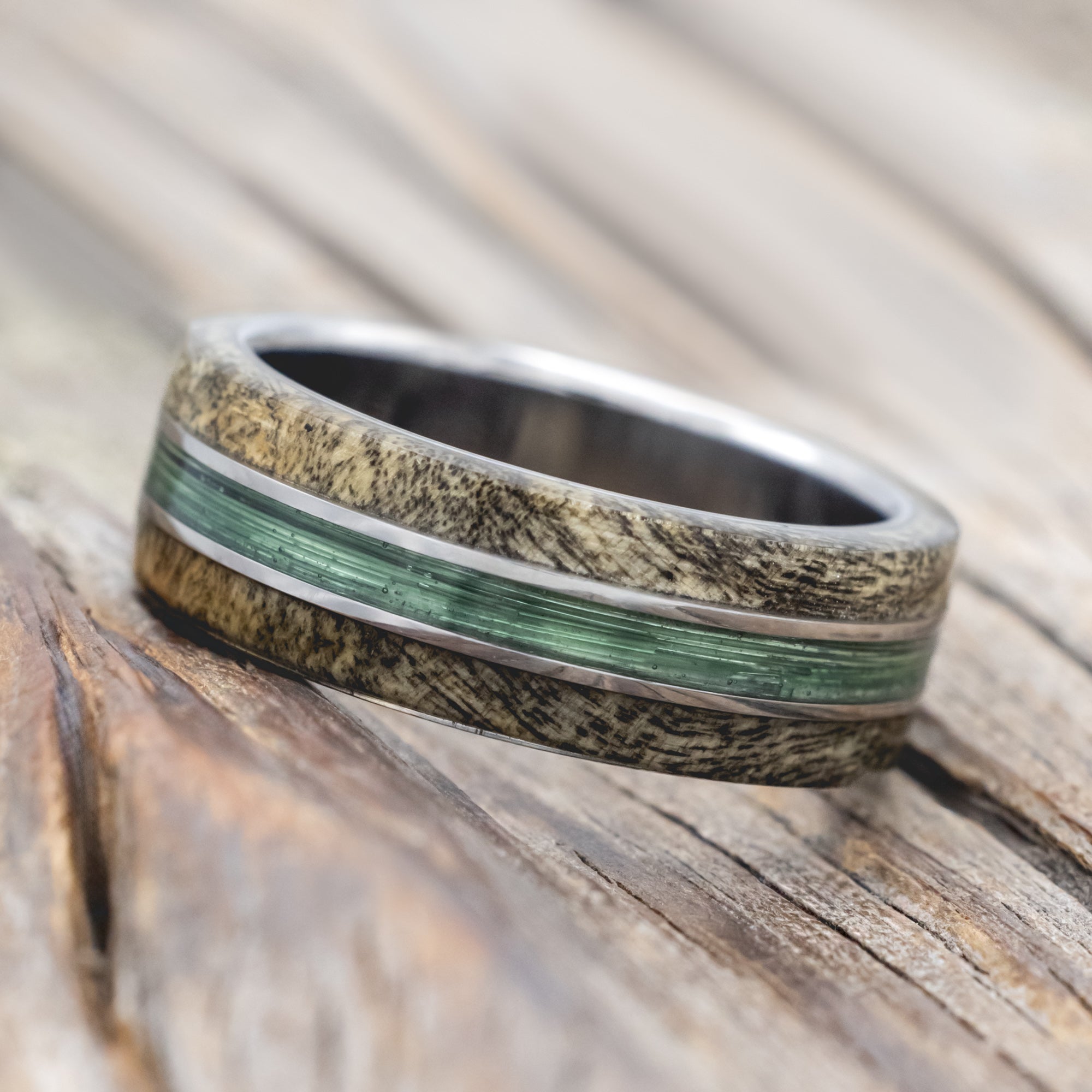 "GLEN" - MATCHING SET OF FISHING LINE & BUCKEYE BURL WOOD WEDDING BANDS-Staghead Designs