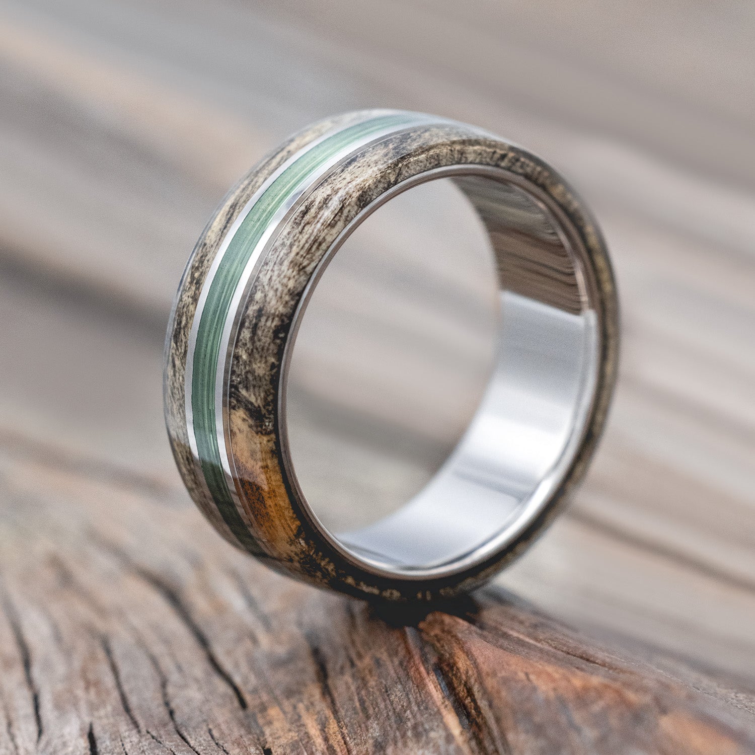 "GLEN" - MATCHING SET OF FISHING LINE & BUCKEYE BURL WOOD WEDDING BANDS-Staghead Designs
