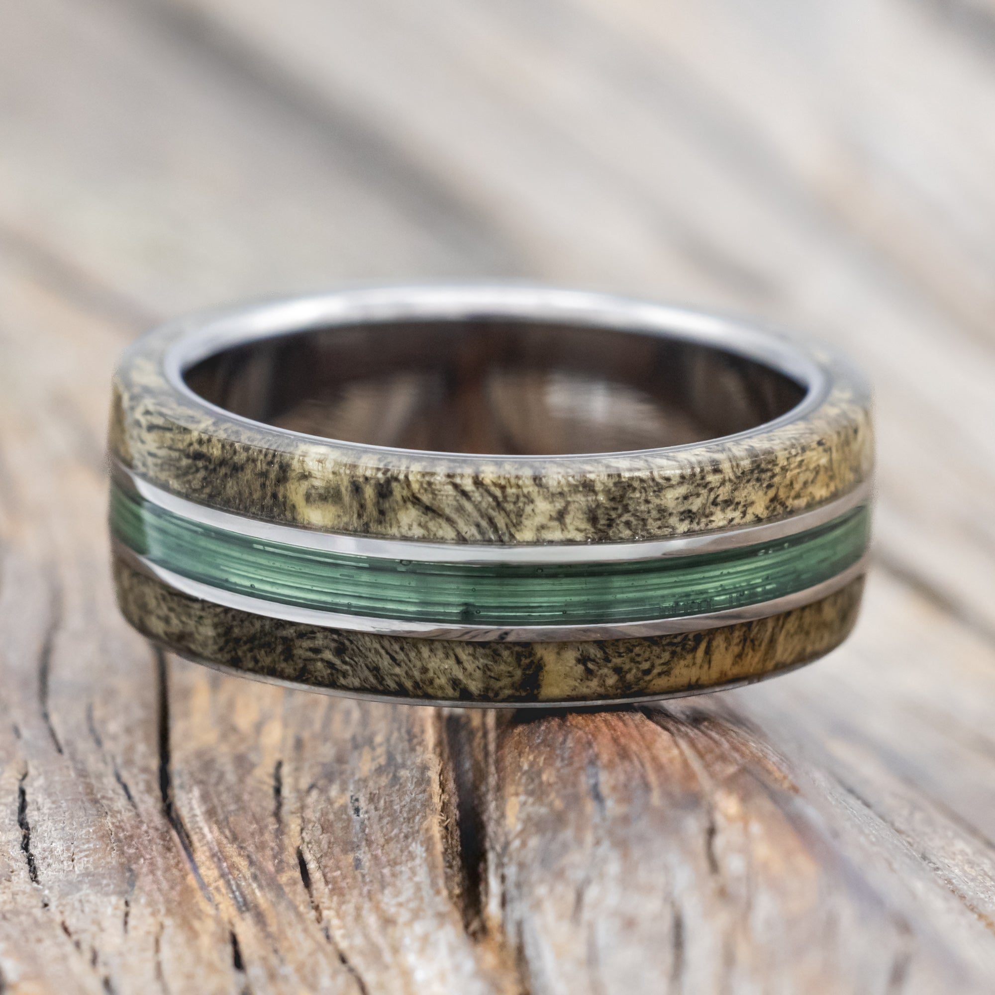 "GLEN" - MATCHING SET OF FISHING LINE & BUCKEYE BURL WOOD WEDDING BANDS-Staghead Designs