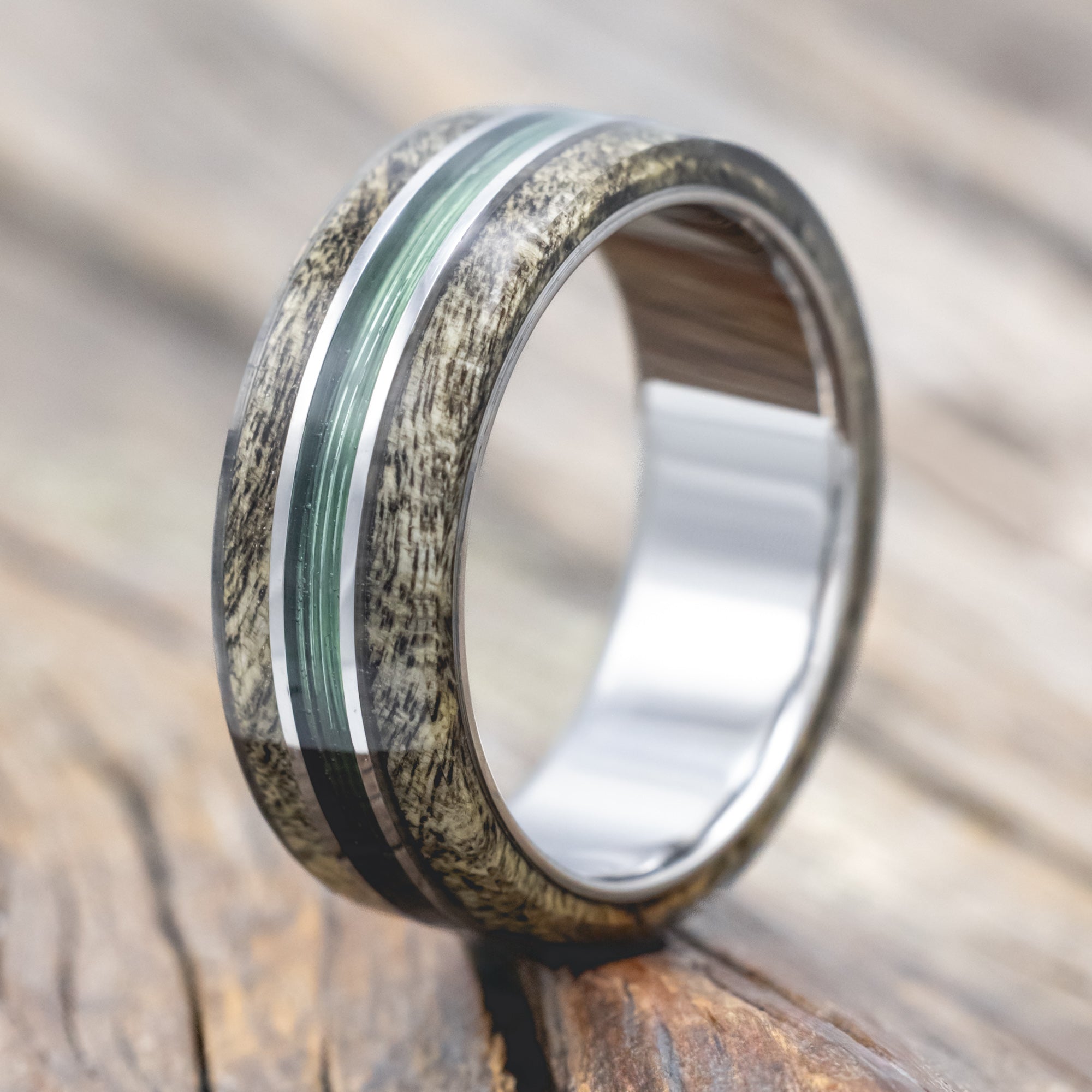 "GLEN" - MATCHING SET OF FISHING LINE & BUCKEYE BURL WOOD WEDDING BANDS-Staghead Designs
