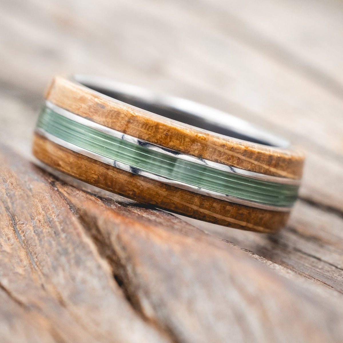 "GLEN" - WHISKEY BARREL OAK & FISHING LINE WEDDING RING-Staghead Designs