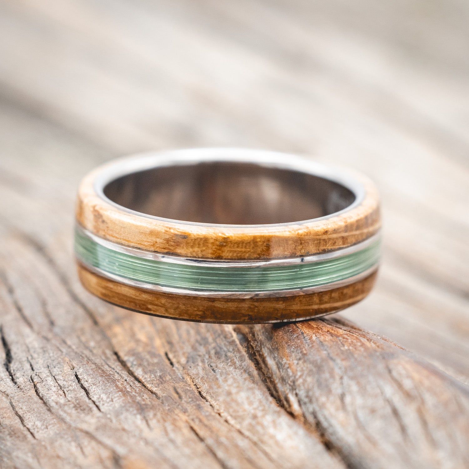 "GLEN" - WHISKEY BARREL OAK & FISHING LINE WEDDING RING-Staghead Designs