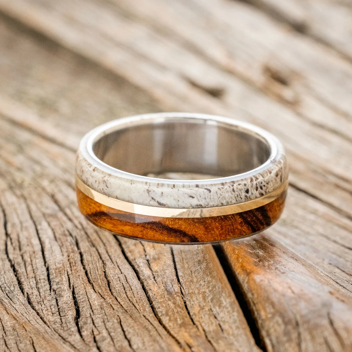 "Golden" - Ironwood, Antler & 14K Gold Inlay Wedding Band - Titanium (8mm) - Size 12