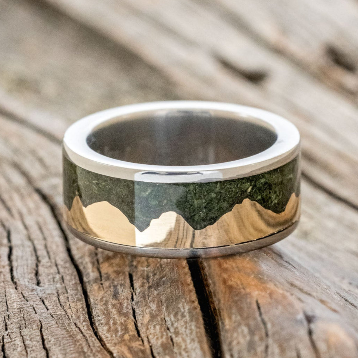 "HELIOS" - MOSS & 14K YELLOW GOLD MOUNTAIN RANGE WEDDING BAND-3