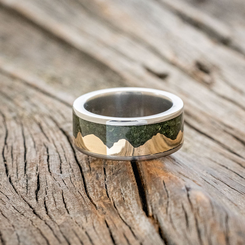 "HELIOS" - MOSS & 14K YELLOW GOLD MOUNTAIN RANGE WEDDING BAND-3