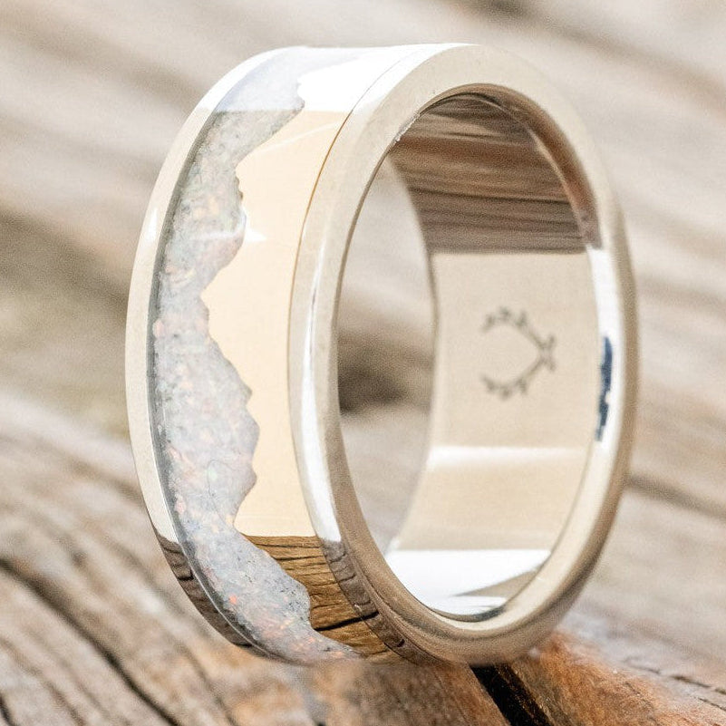 "HELIOS" - GOLD ANDES MOUNTAIN RANGE WITH FIRE AND ICE OPAL INLAY WEDDING BAND-2