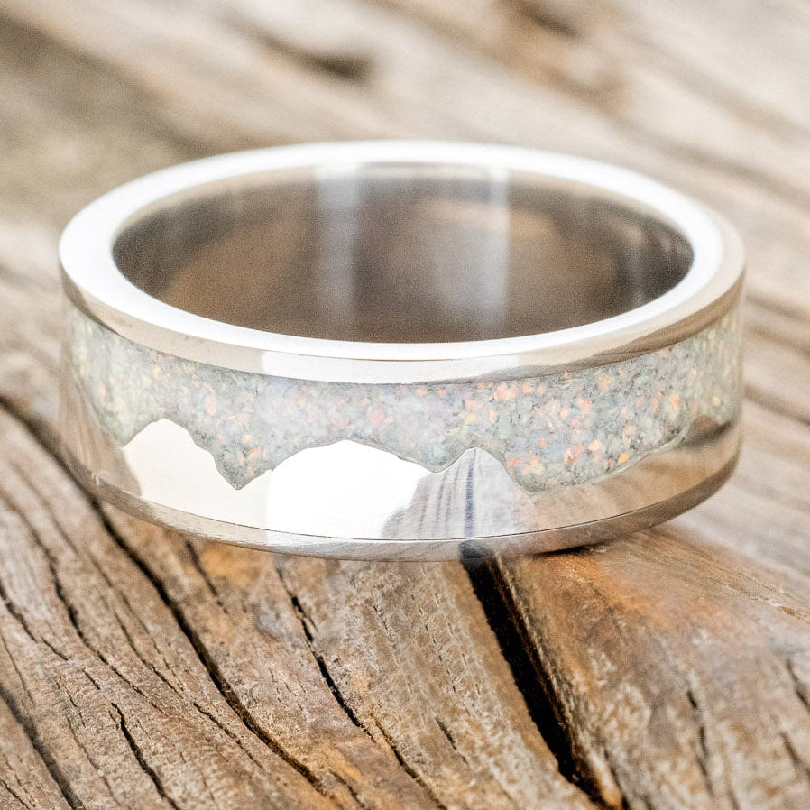 "HELIOS" - FIRE & ICE OPAL WITH SILVER MOUNTAIN RANGE WEDDING RING-3