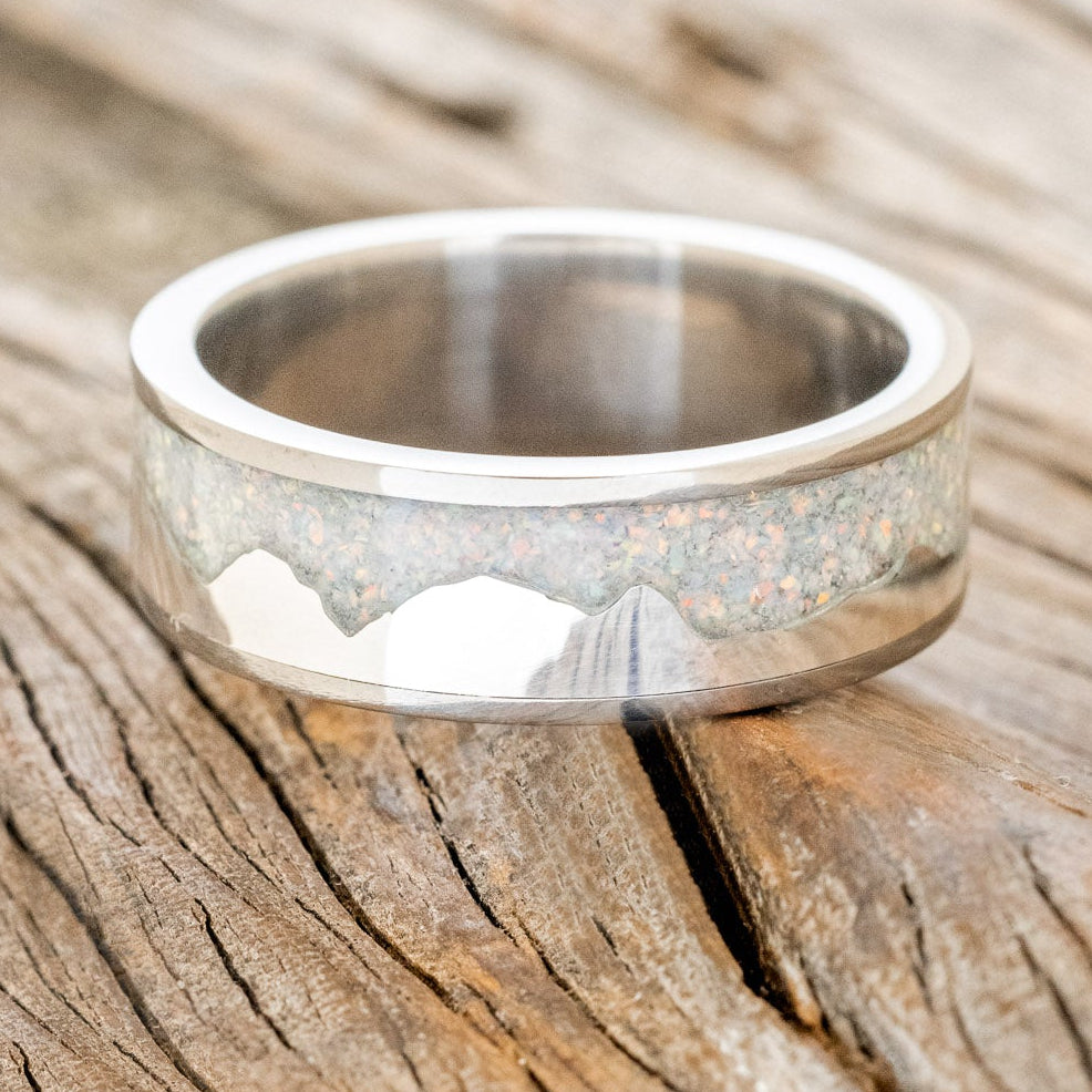 "HELIOS" - FIRE & ICE OPAL WITH SILVER MOUNTAIN RANGE WEDDING RING-3