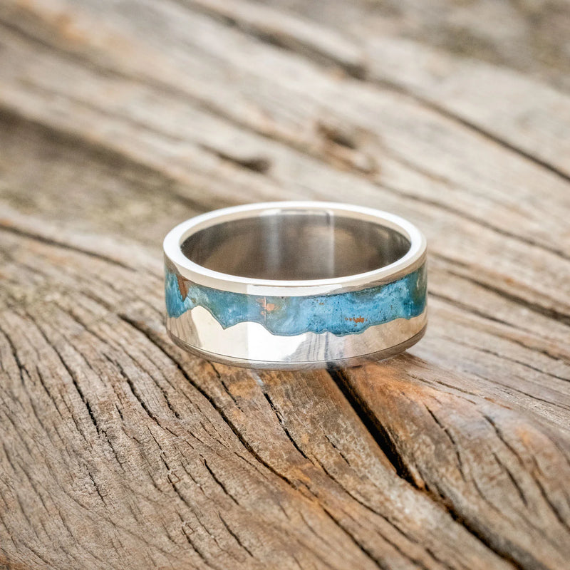 "HELIOS" - PATINA COPPER WEDDING BAND FEATURING A SILVER HIMALAYAS MOUNTAIN RANGE - TITANIUM - SIZE 10-3