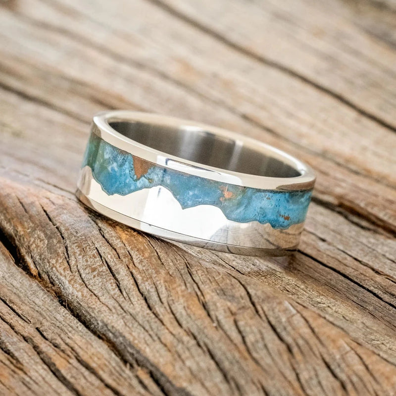 "HELIOS" - PATINA COPPER WEDDING BAND FEATURING A SILVER HIMALAYAS MOUNTAIN RANGE - TITANIUM - SIZE 10-1