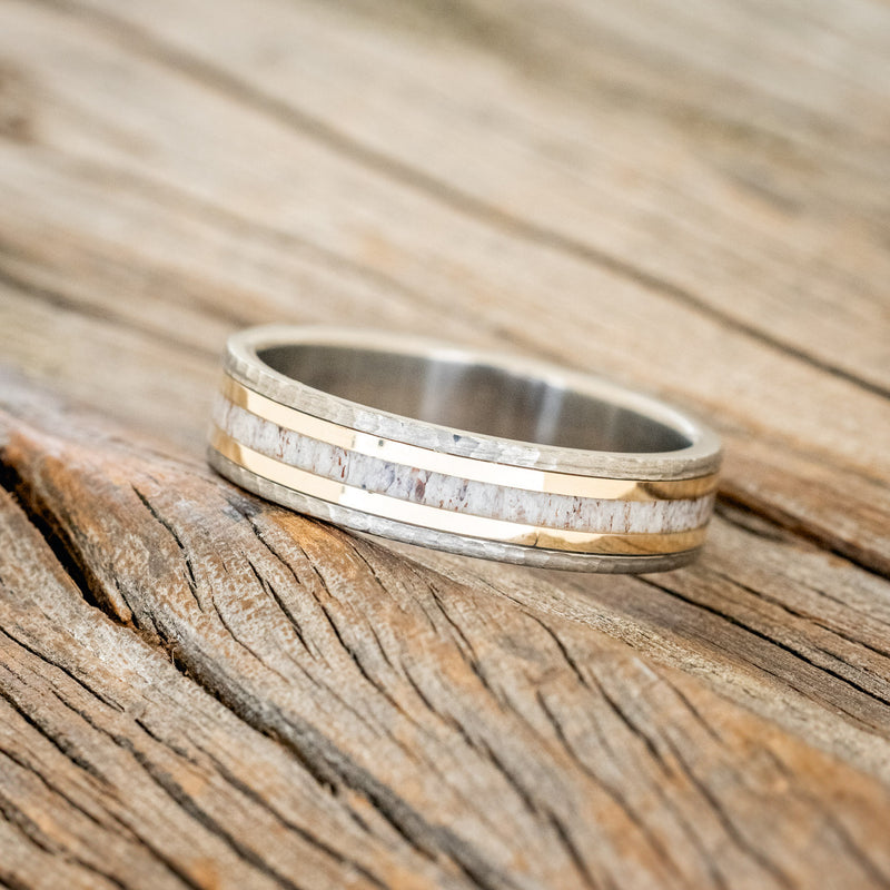 "HOLLIS" - ANTLER & 14K YELLOW GOLD INLAYS WEDDING RING WITH A HAMMERED FINISH-2