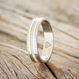 "HOLLIS" - ANTLER & 14K YELLOW GOLD INLAYS WEDDING RING WITH HAMMERED BAND - TITANIUM (6MM) - SIZE 13 1/2-1