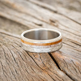 "CASTOR" - ANTLER & WHISKEY BARREL WEDDING RING FEATURING A HAMMERED BAND-3