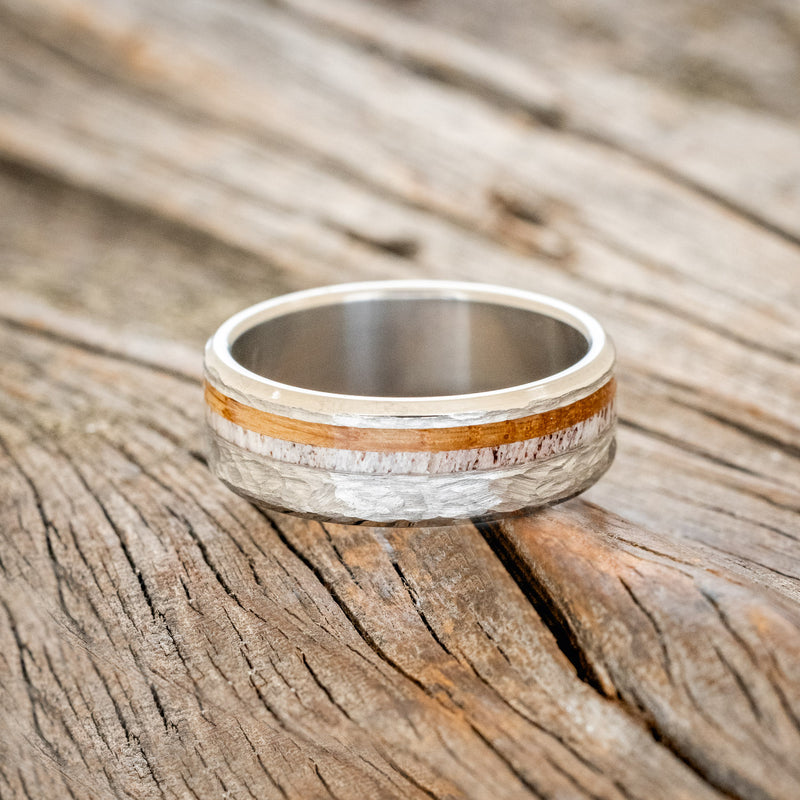 "CASTOR" - ANTLER & WHISKEY BARREL OAK WEDDING RING WITH A HAMMERED FINISH - READY TO SHIP-3